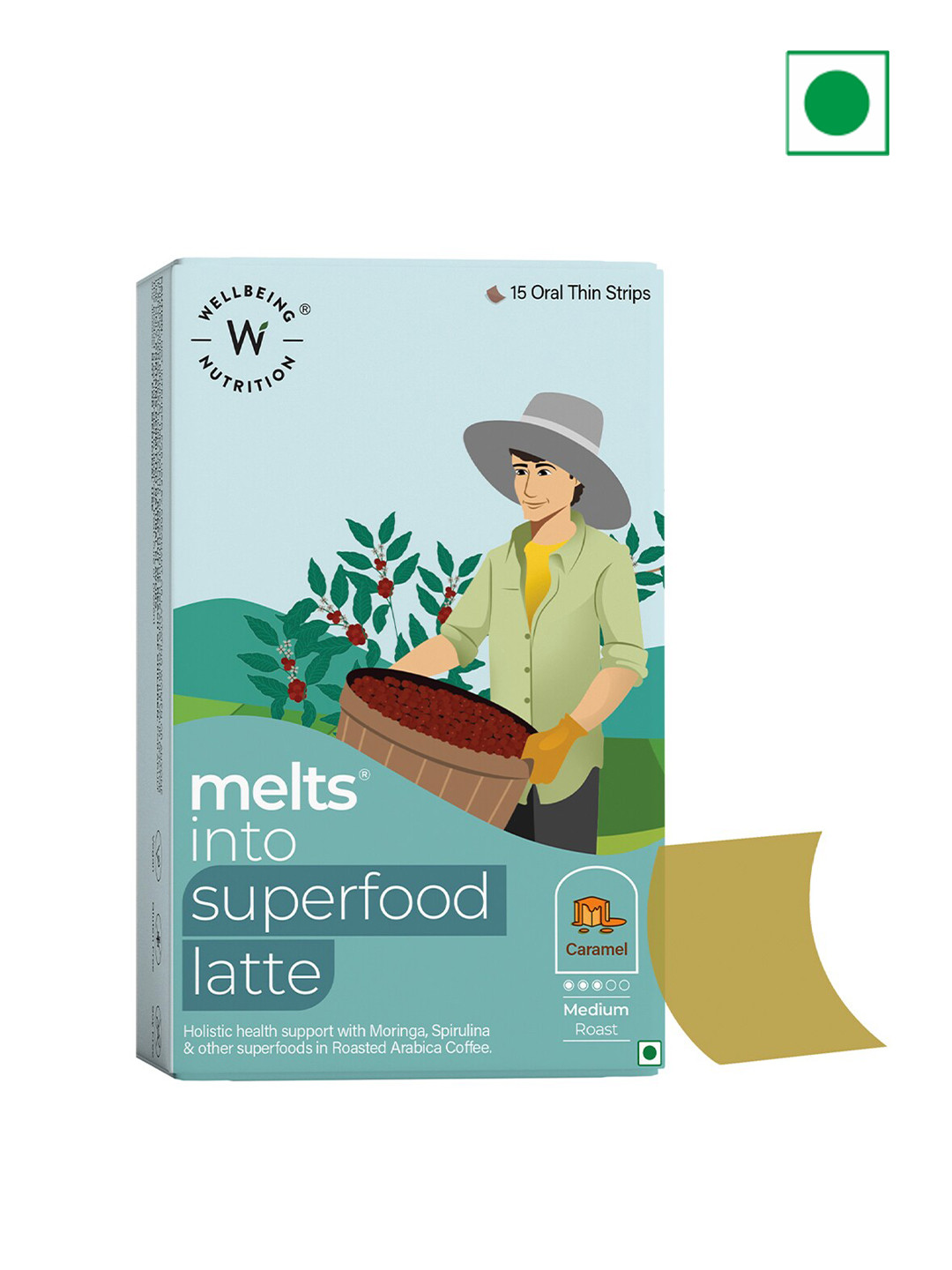 

Wellbeing Nutrition Melts into Superfood Latte Caramel Strips - 15 Oral Strips, Blue