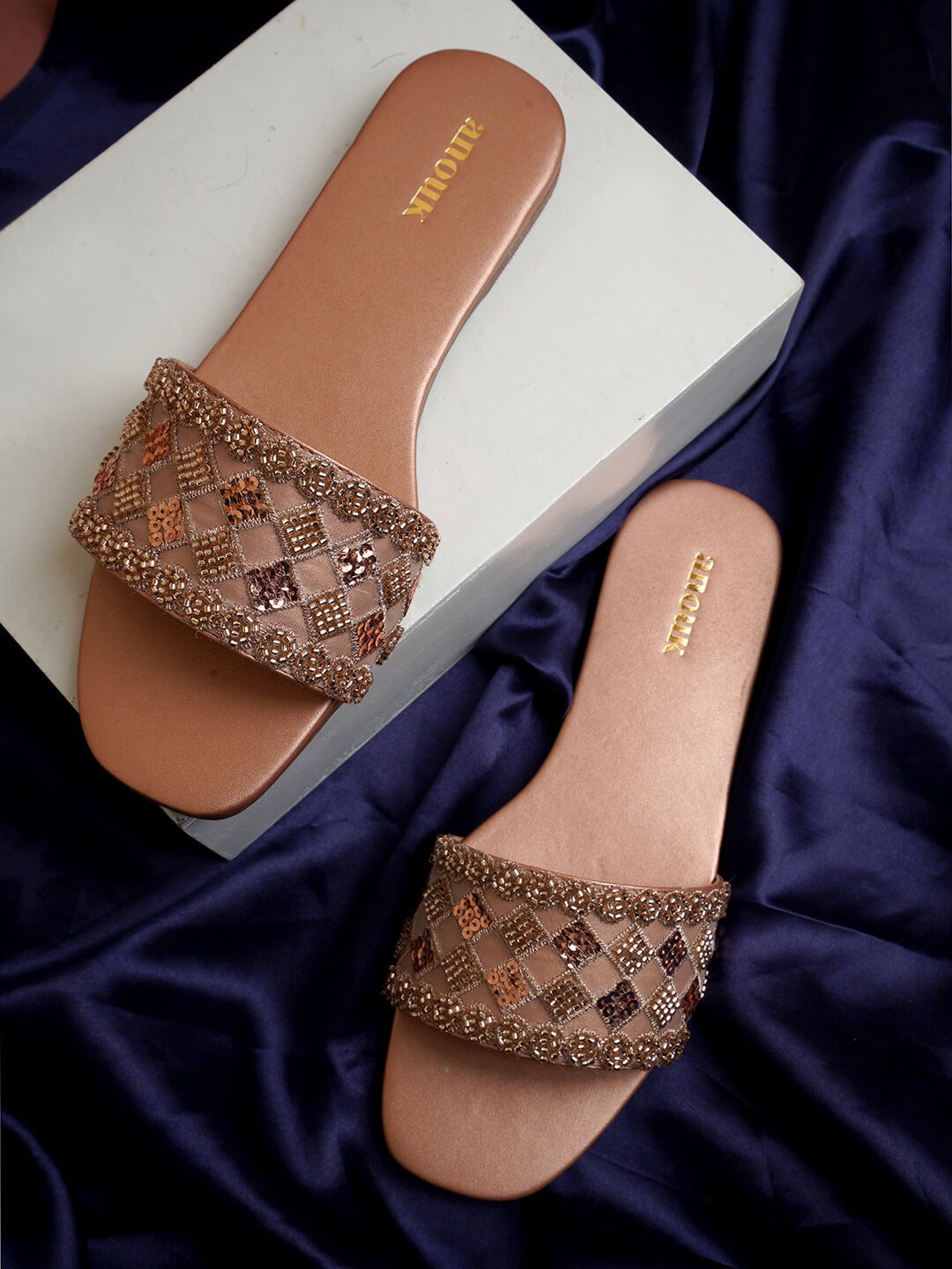 

Anouk Rose Gold-Toned Embellished Open Toe Flats
