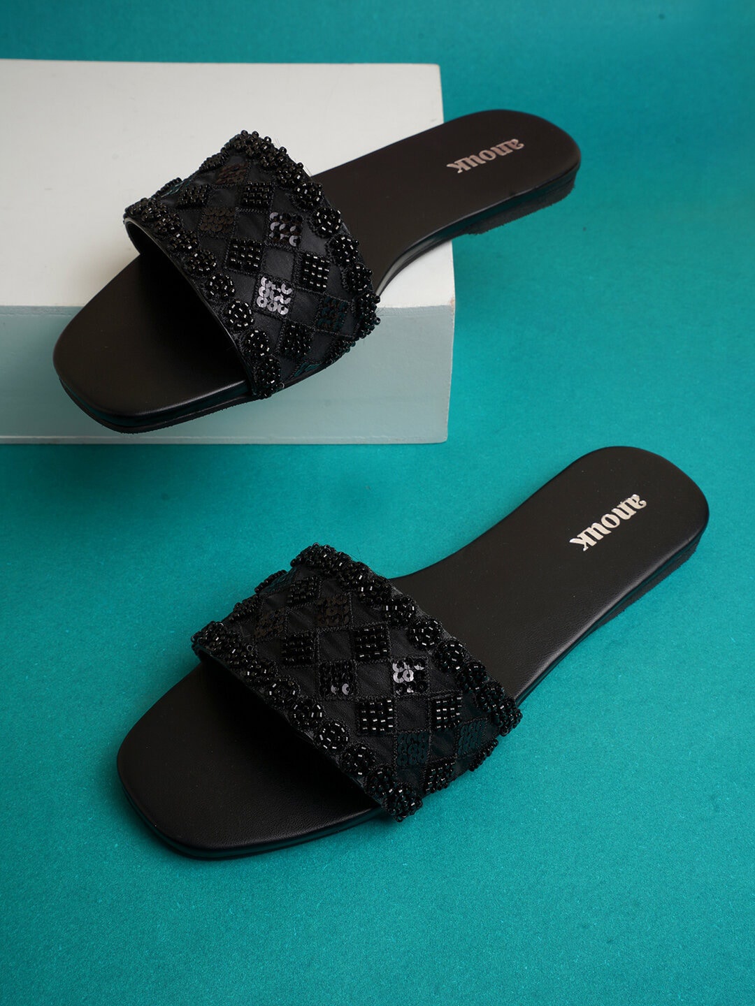 

Anouk Black Embellished Open Toe Flats