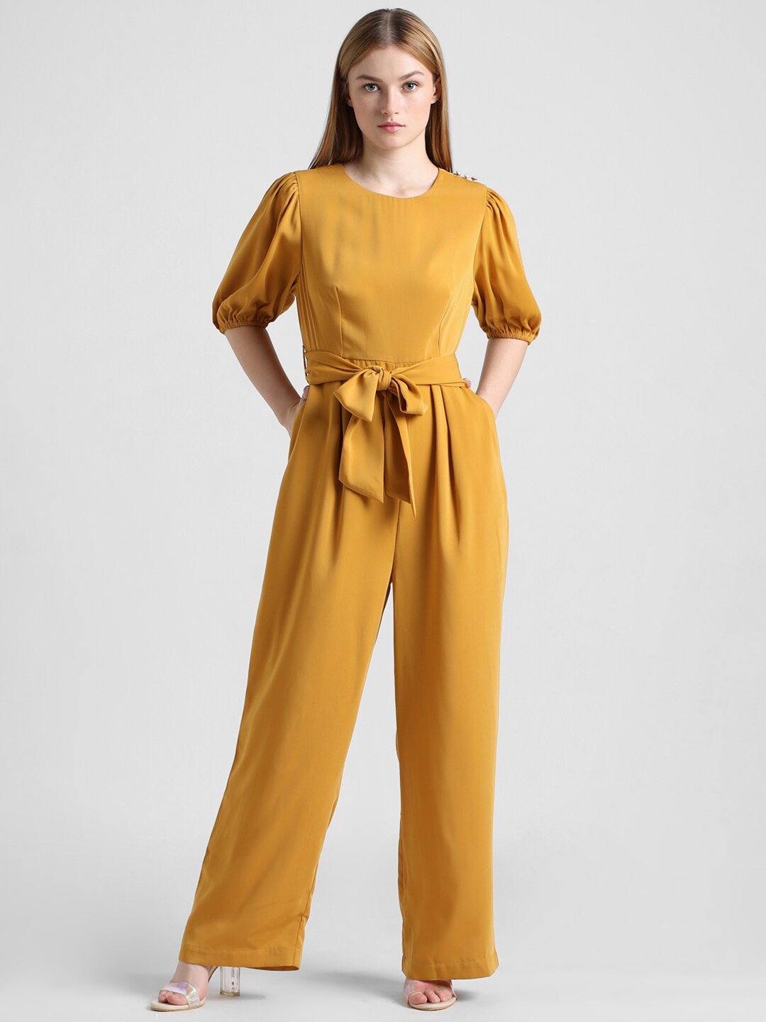 

ONLY Puff Sleeves Waist Tie-Up Detail Belted Basic Jumpsuit, Mustard