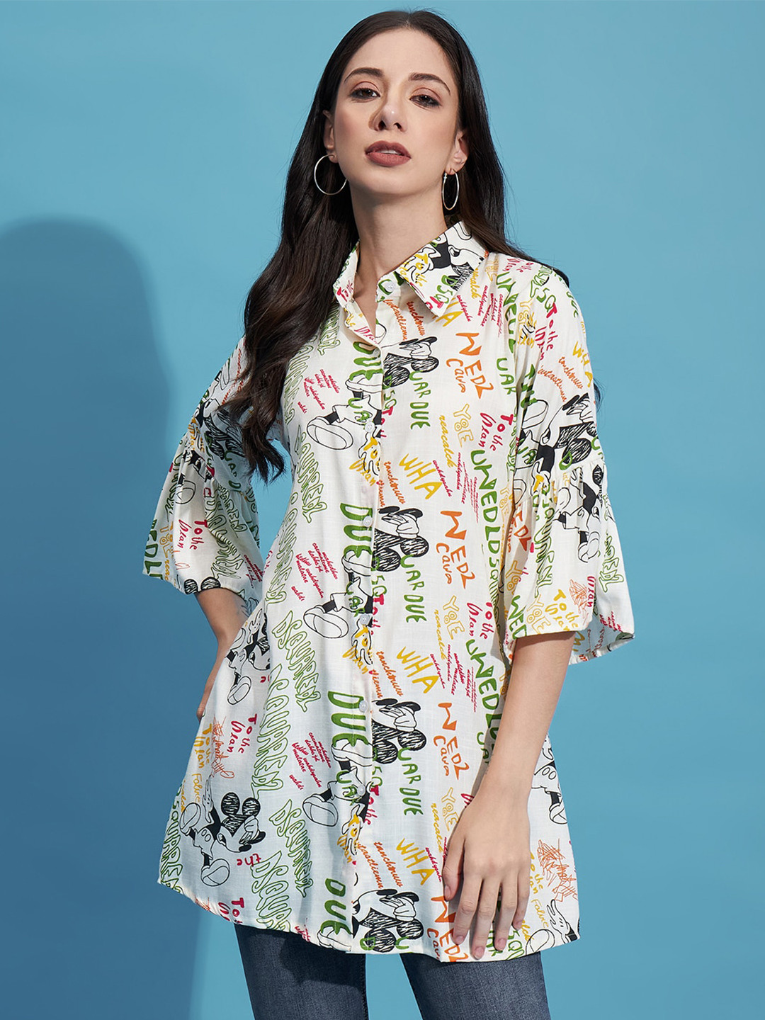 

BUY NEW TREND Comfort Boxy Mickey Mouse Printed Longline Casual Shirt, Green