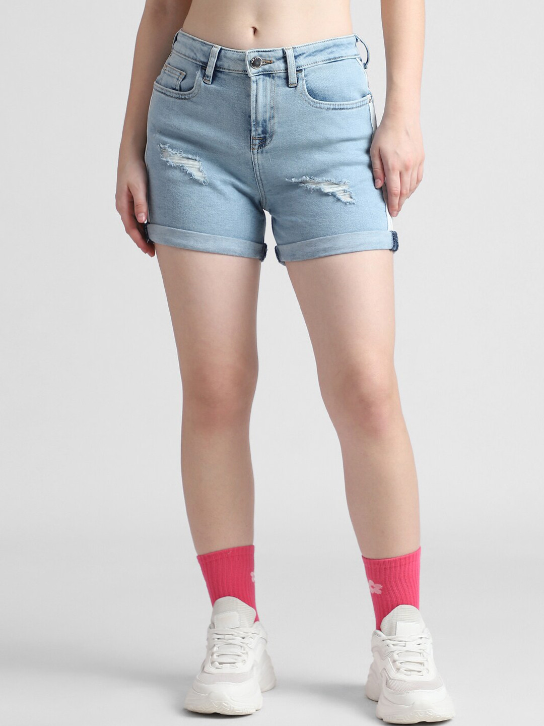 

ONLY Women Washed High-Rise Distressed Denim Shorts, Blue