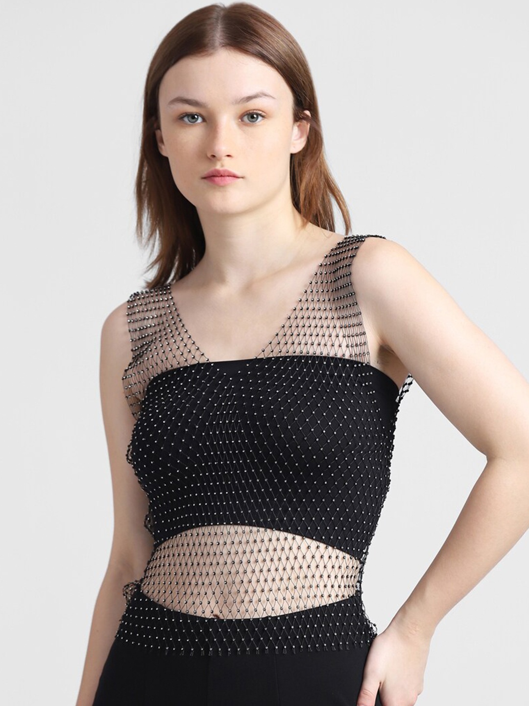 

ONLY Polka Dot Printed Sheer Crop Top, Black