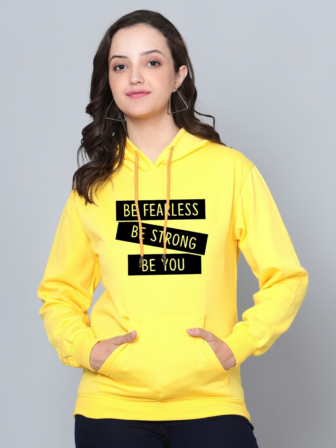 

Fashion And Youth Typography Printed Hooded Neck Long Sleeve Fleece Pullover Sweatshirt, Yellow