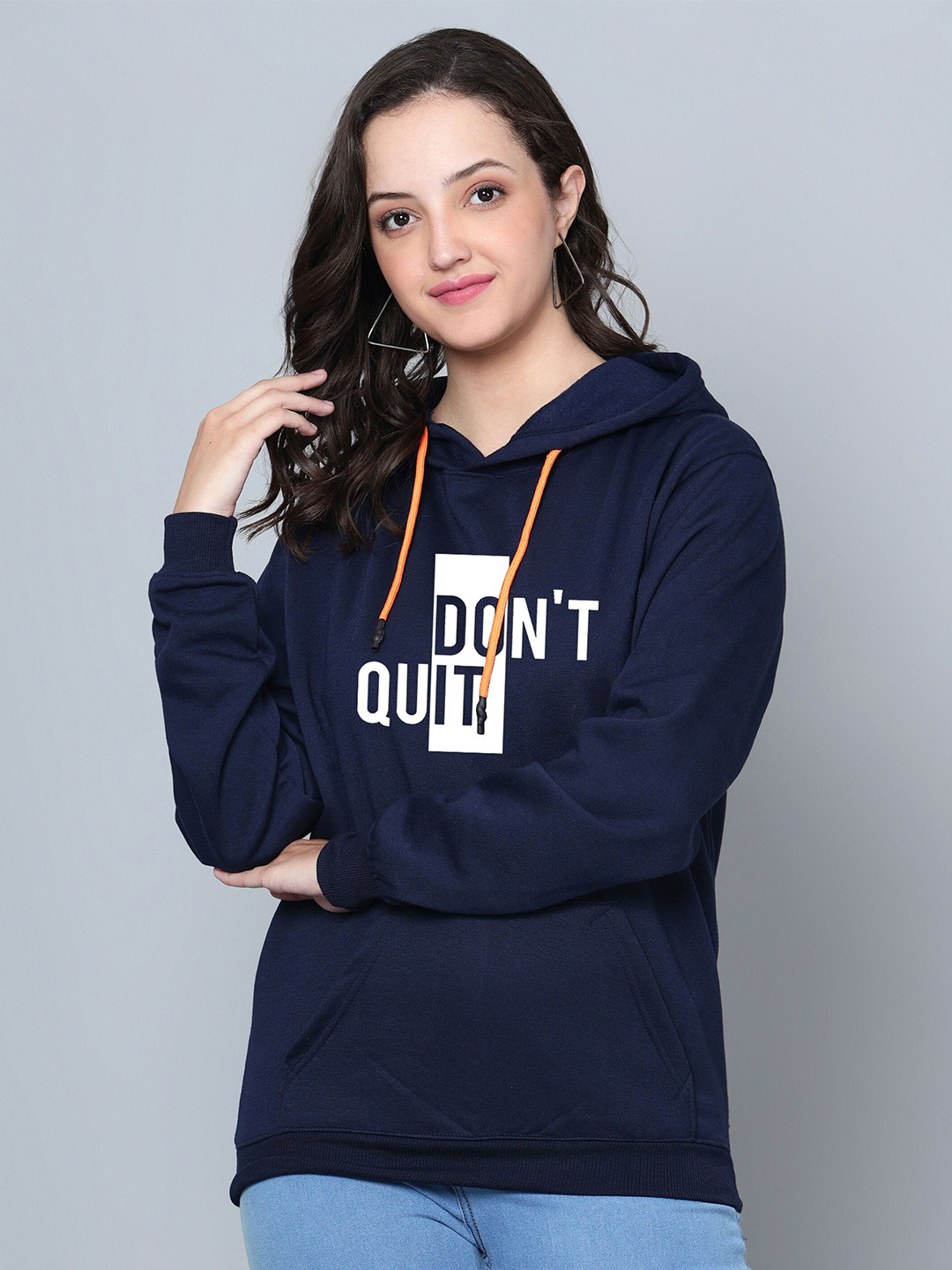 

Fashion And Youth Typography Printed Hooded Neck Long Sleeve Fleece Pullover Sweatshirt, Navy blue