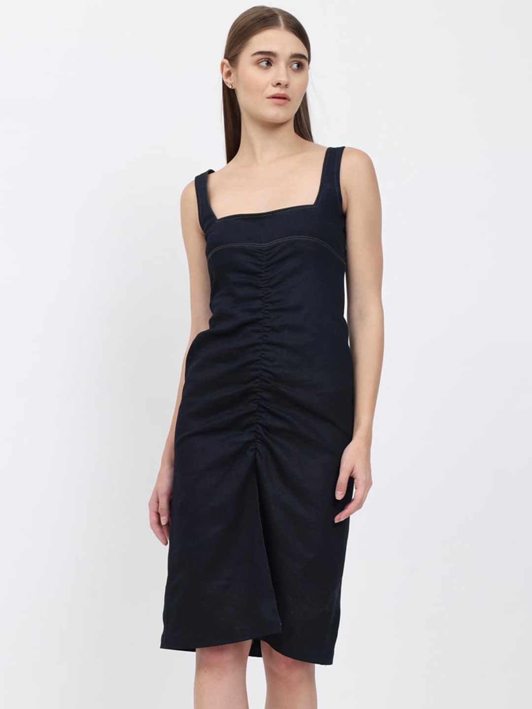 

DEPANO Shoulder Strap Neck Ruched Sheath Dress, Blue