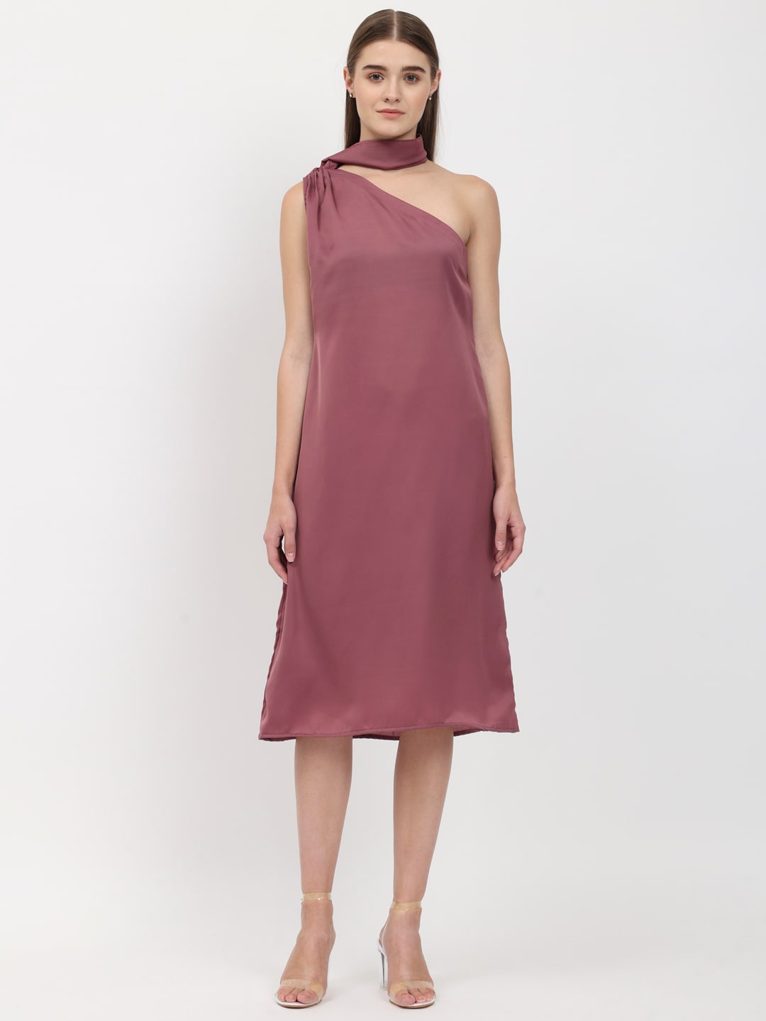

DEPANO One Shoulder Sleeveless Satin A-Line Dress, Pink