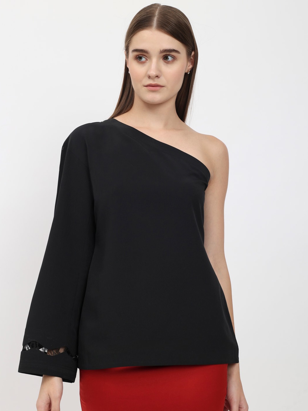

DEPANO One Shoulder Flared Sleeve Top, Black