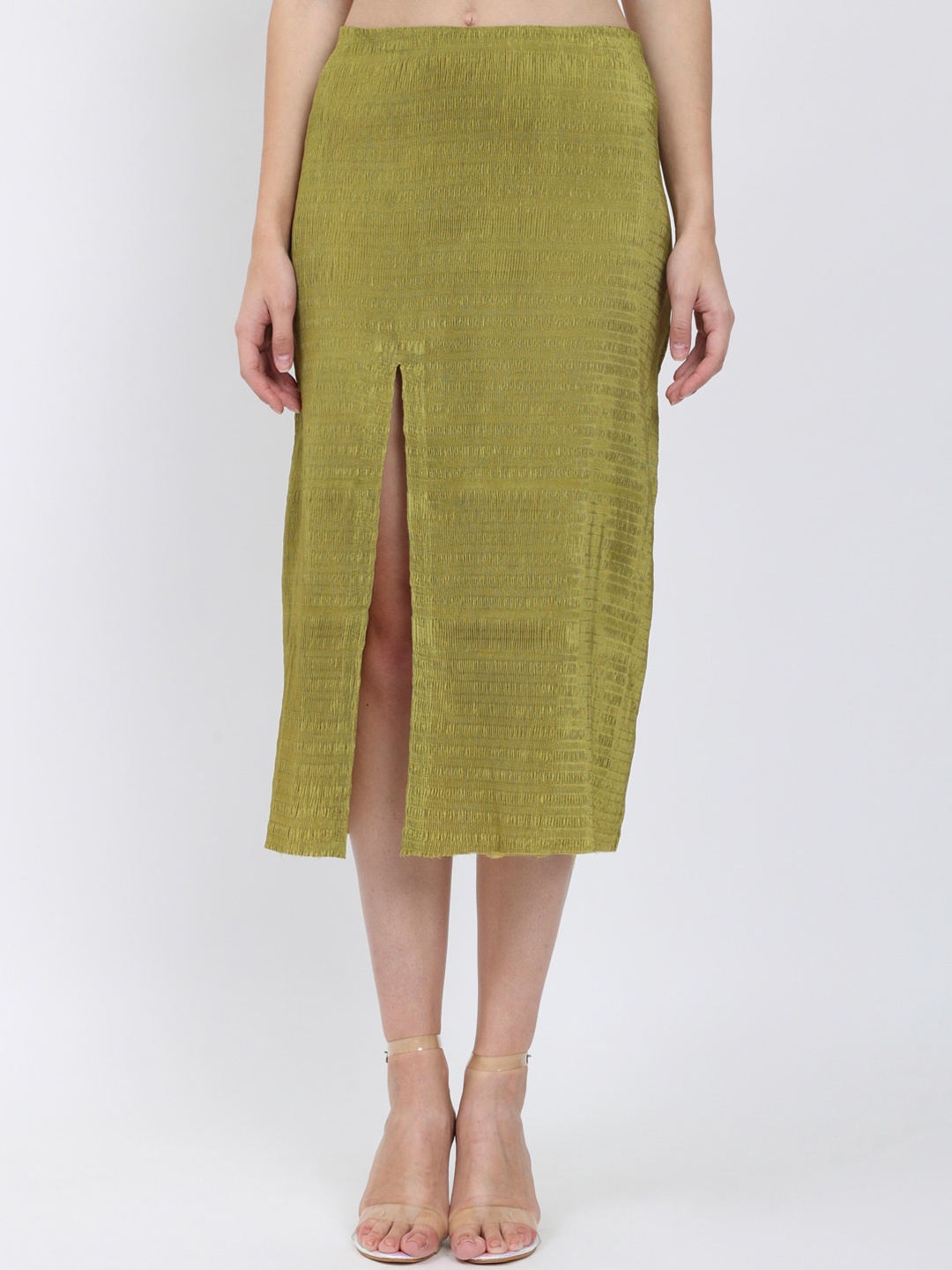 

DEPANO Textured Silk Straight Midi Skirt, Olive