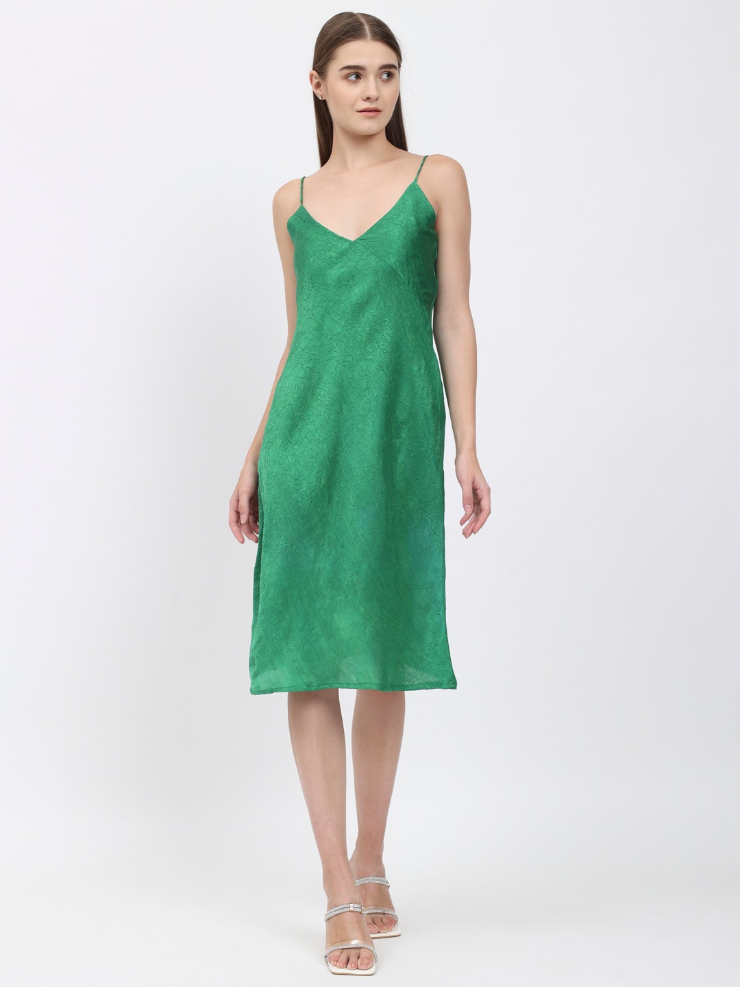 

DEPANO Shoulder Strap Neck Satin A-Line Dress, Green