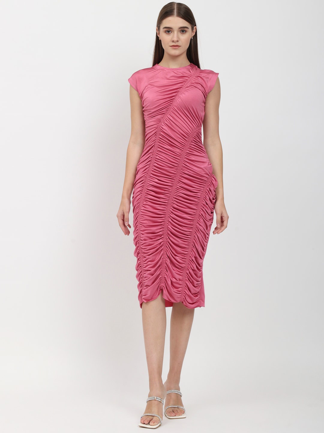 

DEPANO Round Neck Ruched Sheath Midi Dress, Pink