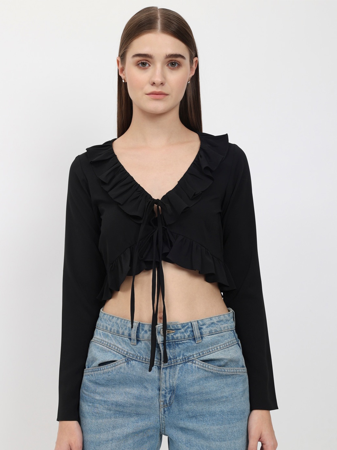 

DEPANO V-Neck Georgette Tie-Up Ruffled Crop Top, Black