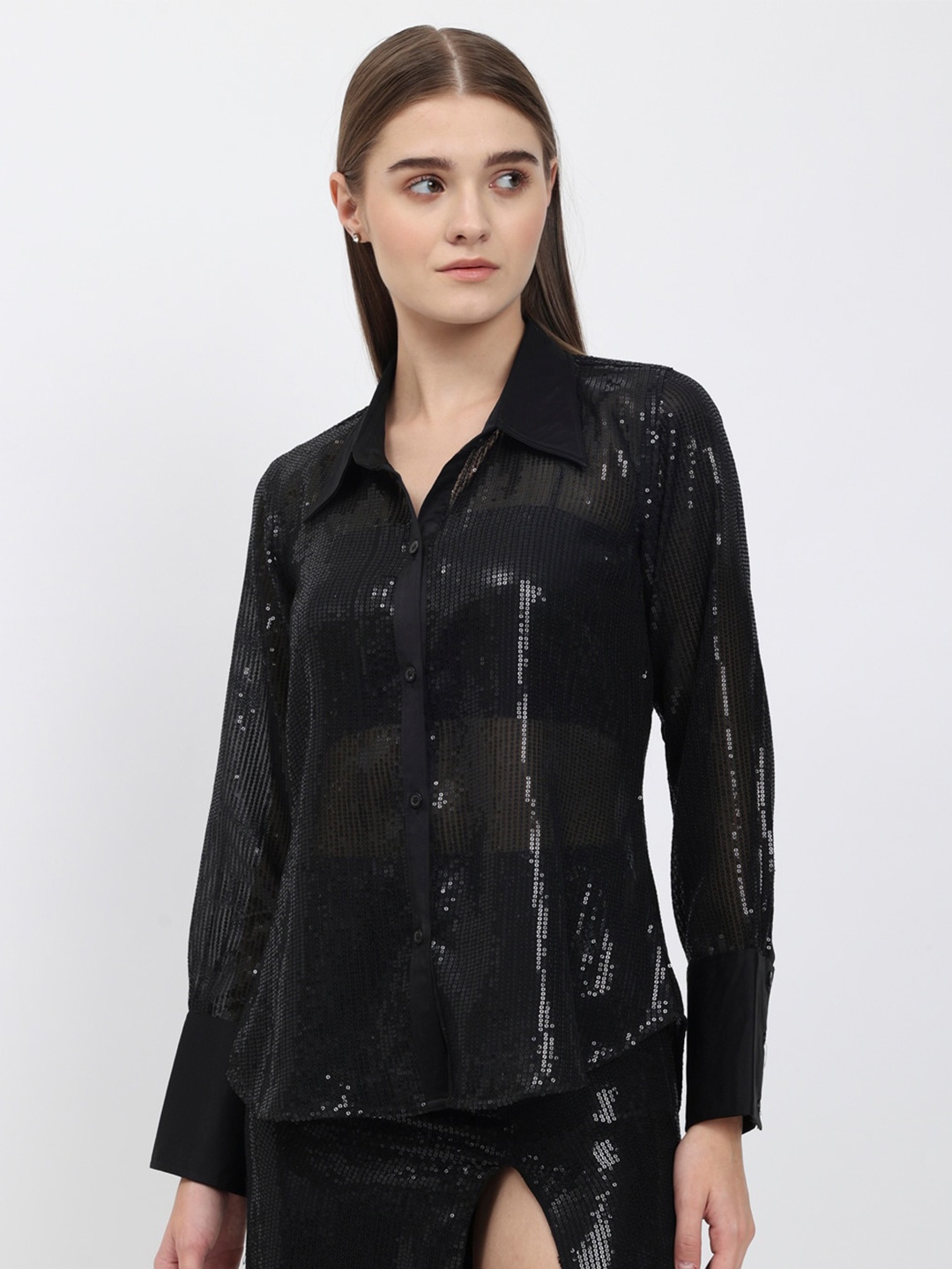 

DEPANO Self Design Textured Spread Collar Semi Sheer Party Shirt, Black