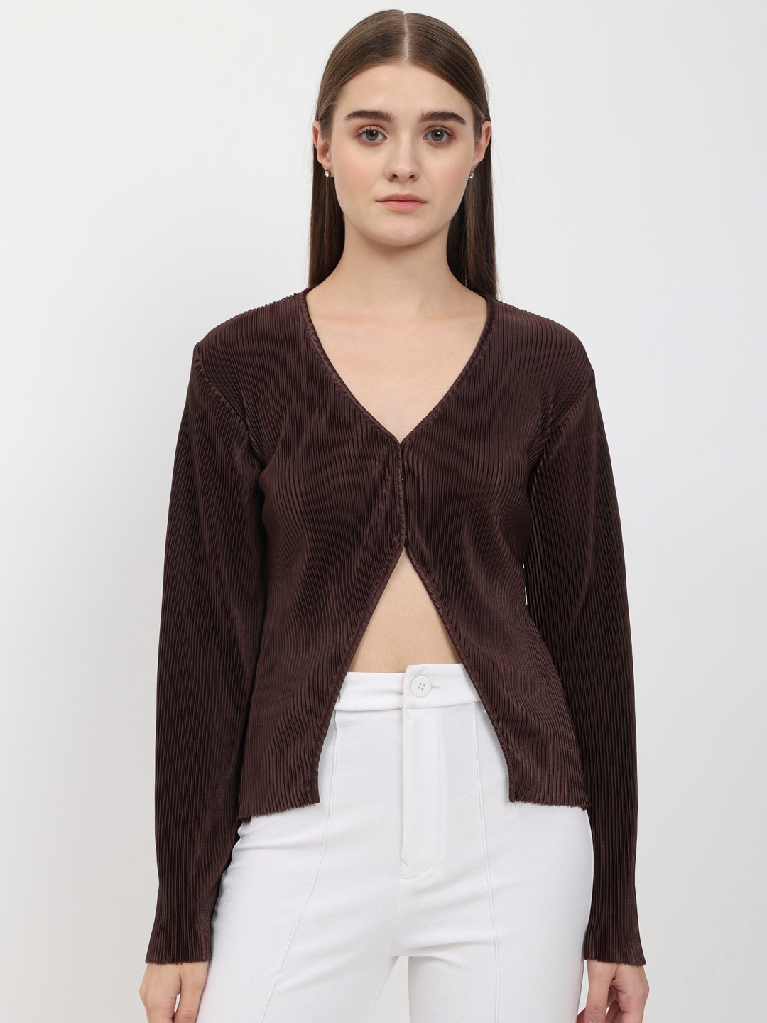 

DEPANO V Neck Satin Top, Brown