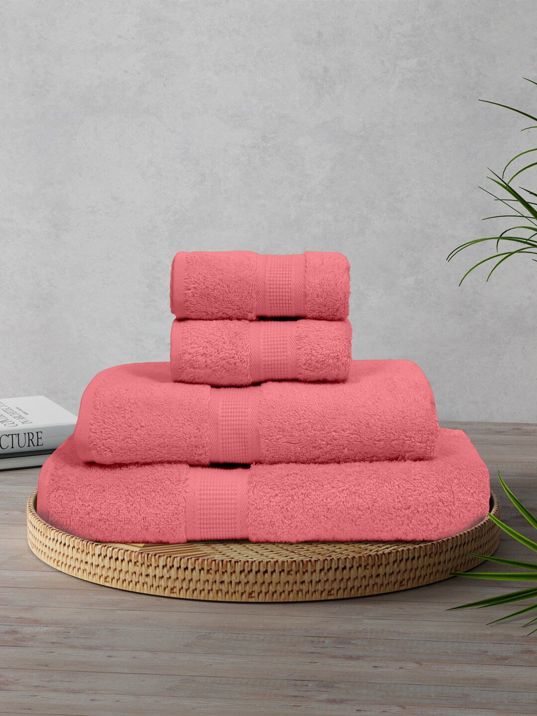 

BOMBAY DYEING 4 Pcs Peach-Coloured 550 GSM Cotton Anti-Bacterial Towel Set