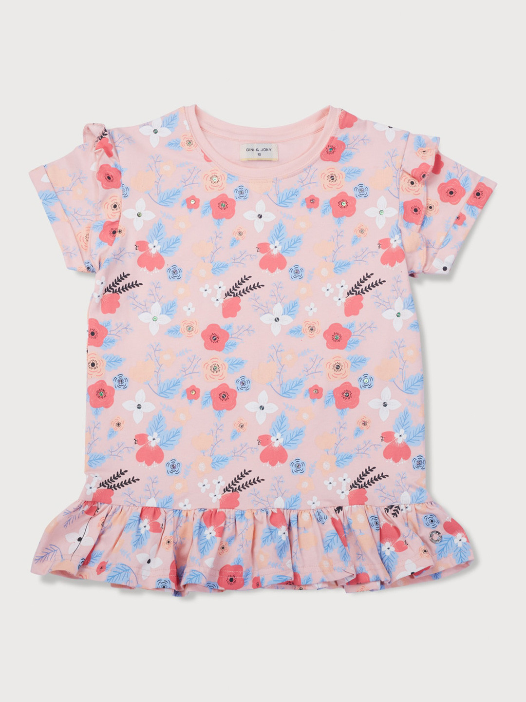 

Gini and Jony Girls Floral Printed Cotton Peplum Top, Pink