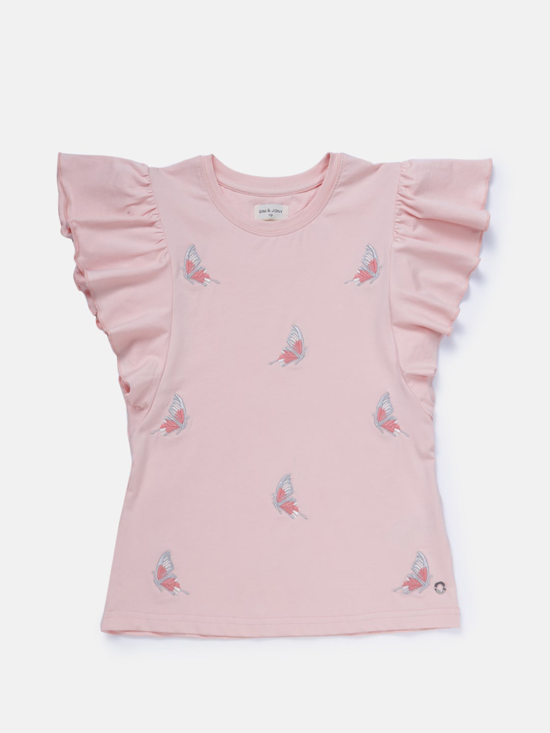 

Gini and Jony Girls Conversational Embroidered Flutter Sleeve Cotton Top, Pink