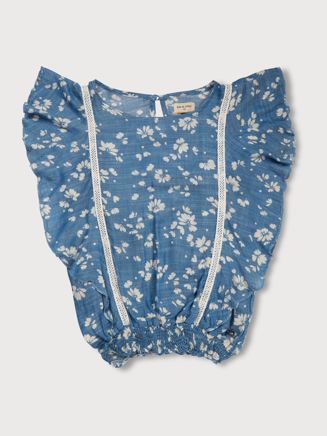 

Gini and Jony Girls Floral Printed Flutter Sleeves Cotton Blouson Top, Blue