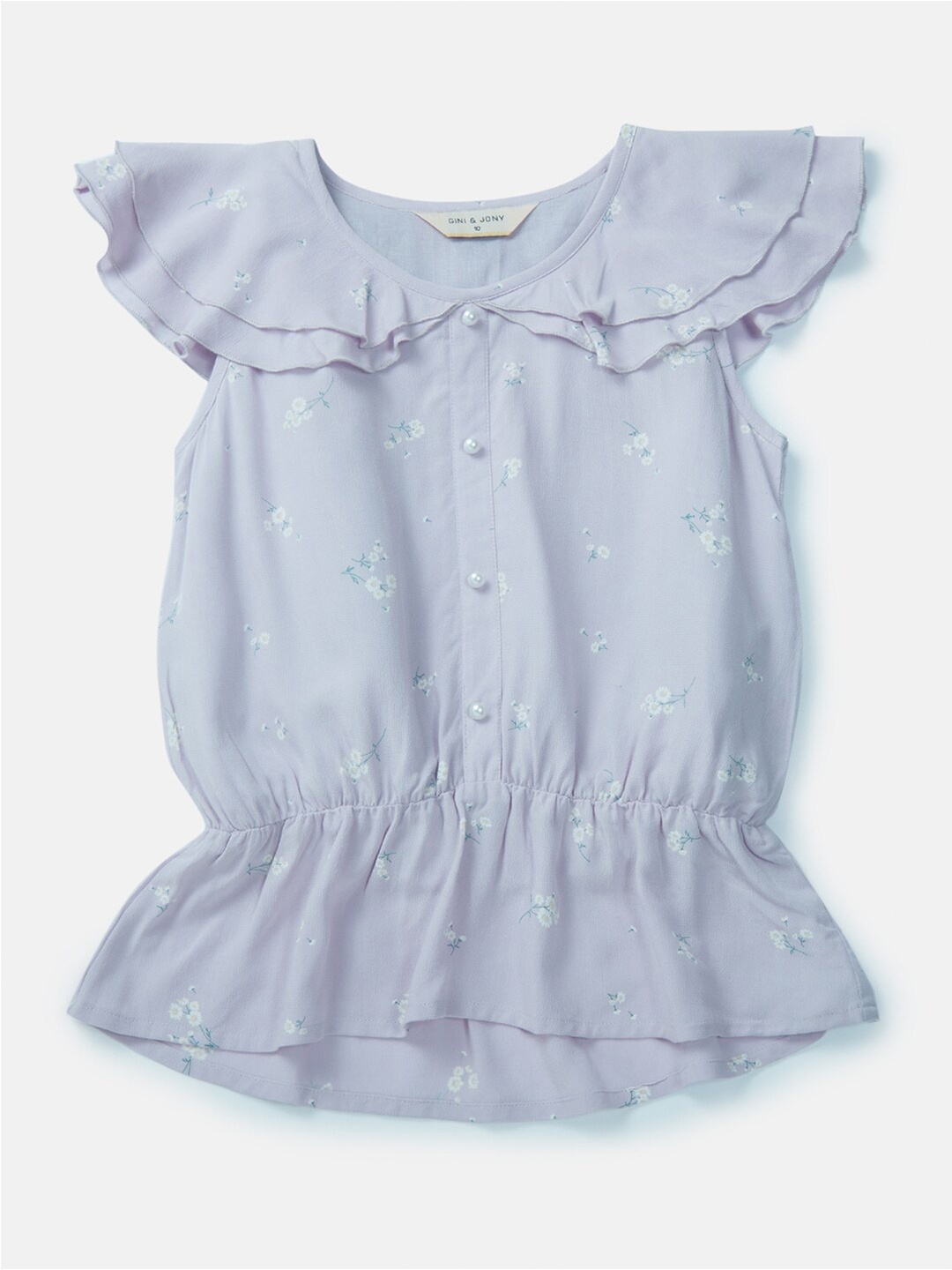 

Gini and Jony Floral Printed Flutter Sleeves Ruffle Detailed Cotton Cinched Waist Top, Lavender