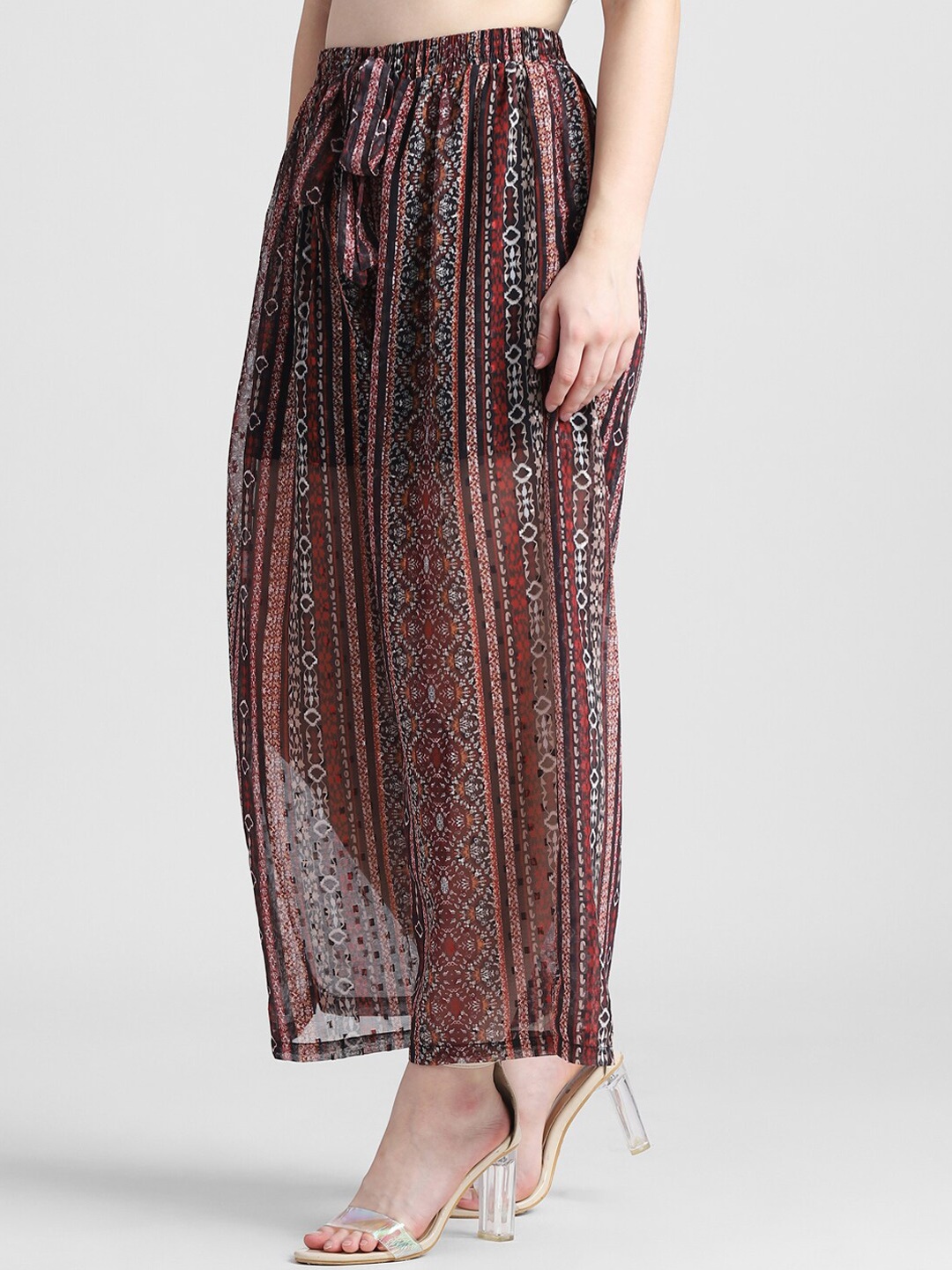 

ONLY Women Ethnic Printed Loose Fit High-Rise semi Sheer Parallel Trousers, Red