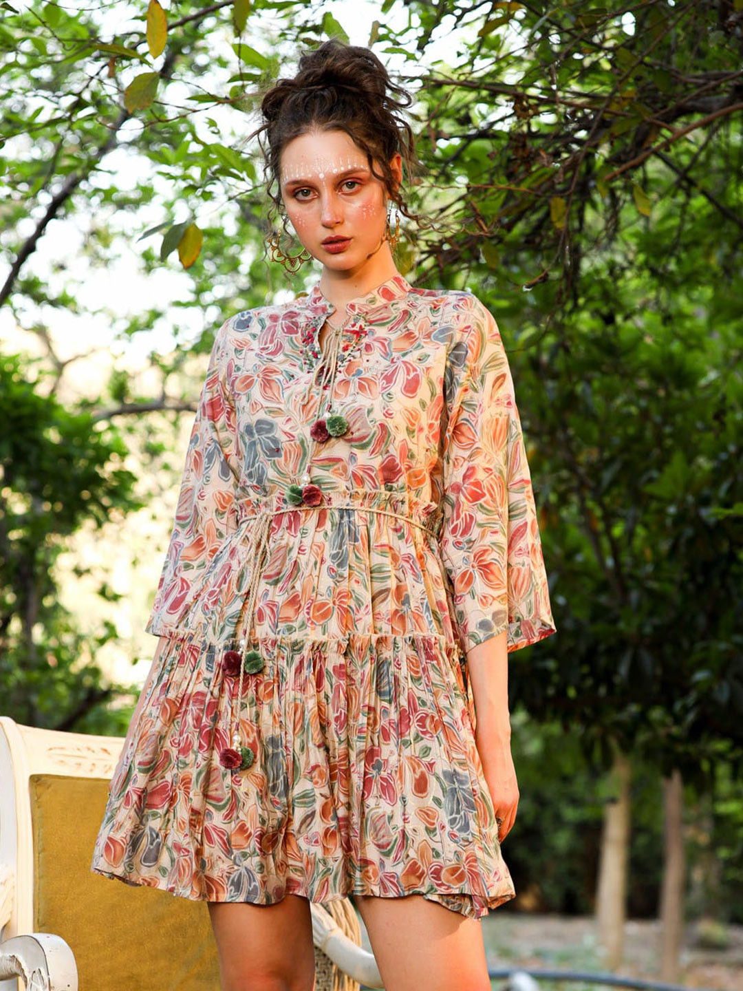 

FASHION DWAR Floral Printed Pure Cotton A-Line Dress, Beige