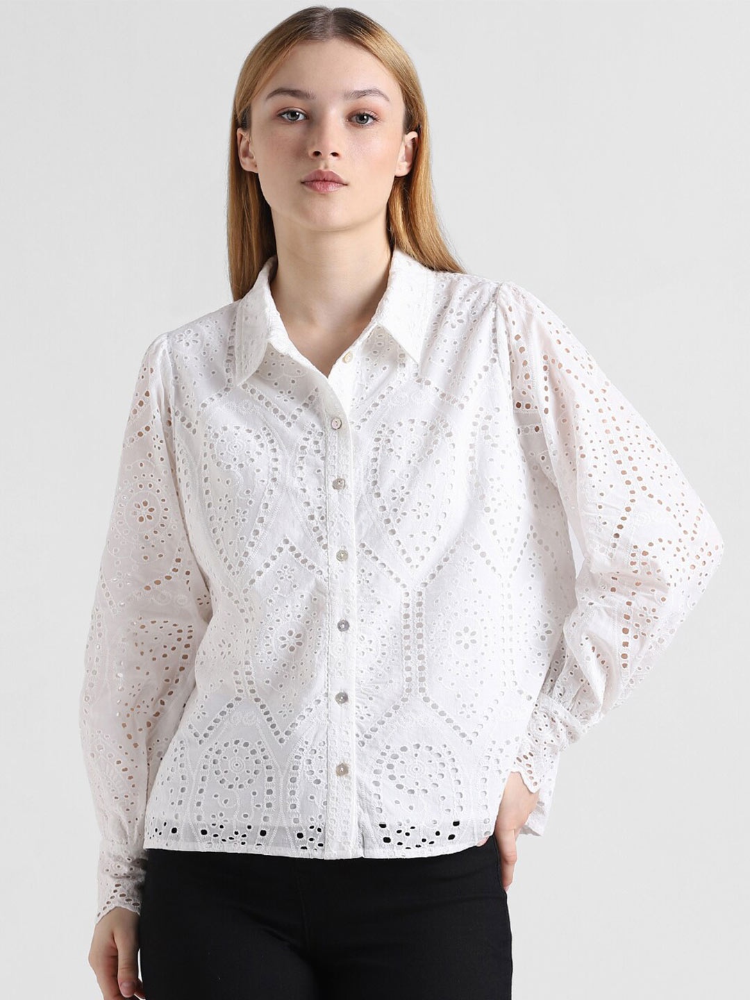 

ONLY New Schiffli Self Design Semi Sheer Printed Casual Pure Cotton Shirt, White