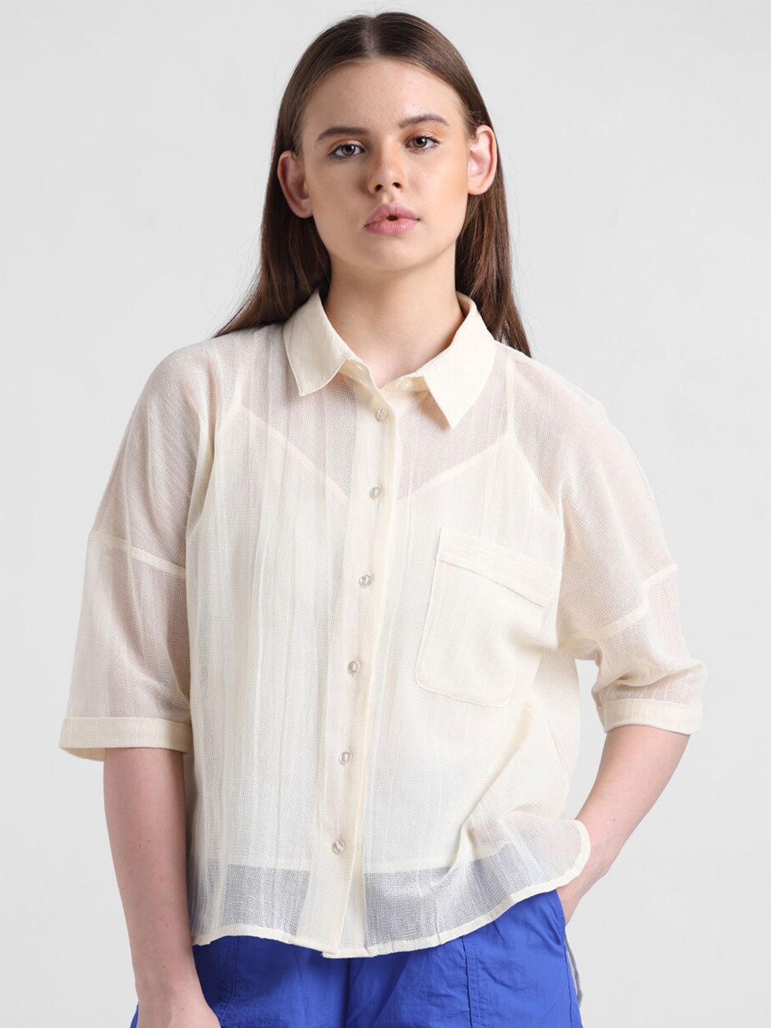 

ONLY New Spread Collar Semi Sheer Casual Shirt, Off white