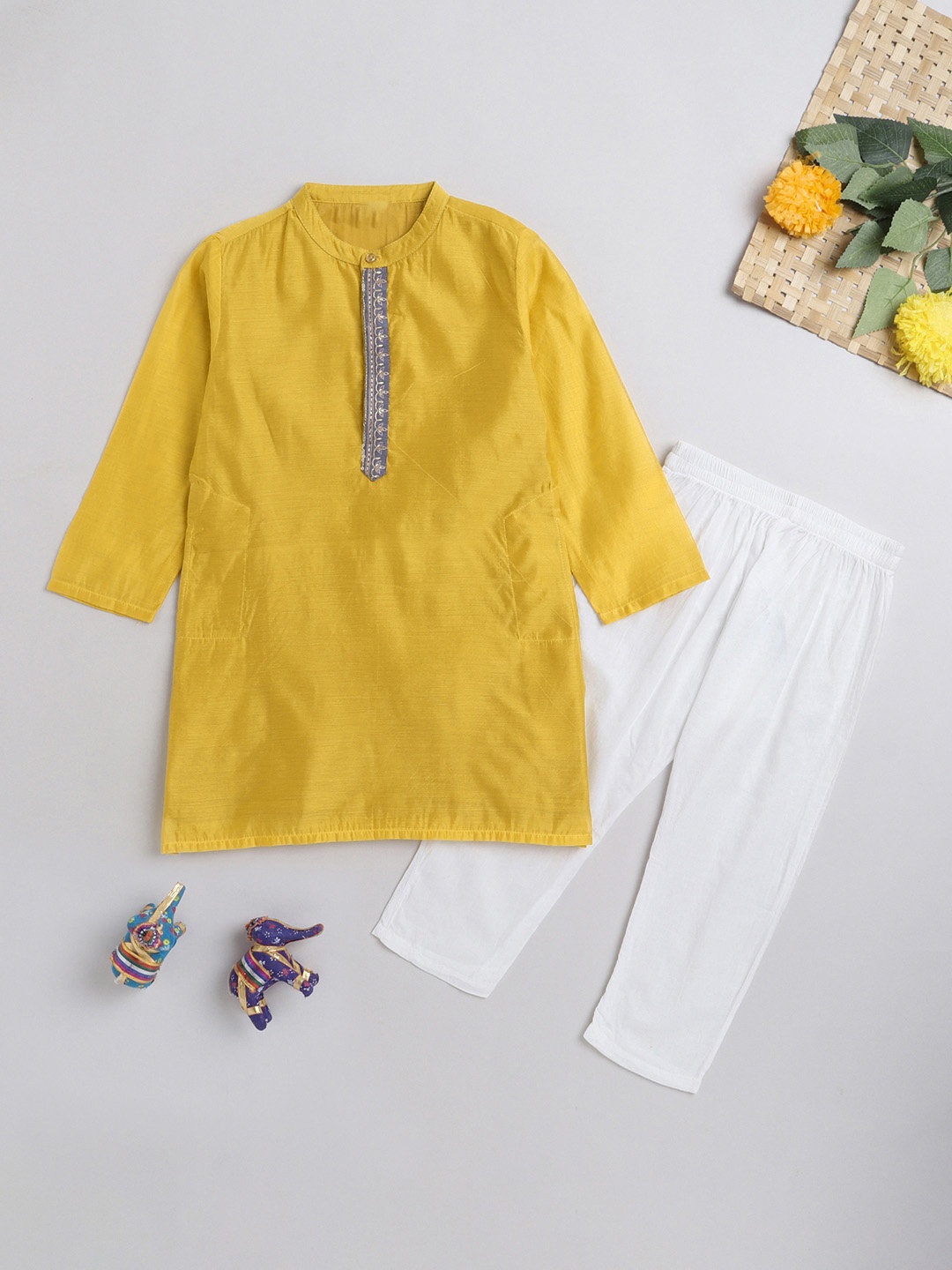 

The Magic Wand Boys Regular Thread Work Kurta With Pyjamas, Mustard