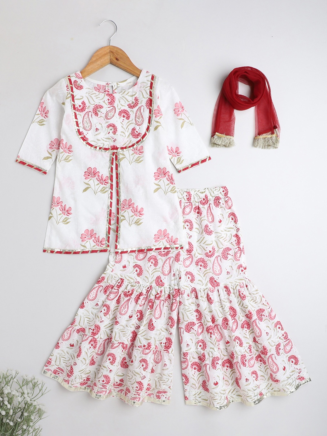 

The Magic Wand Girls Printed Gotta Patti Pure Cotton Kurti with Sharara & Dupatta, White