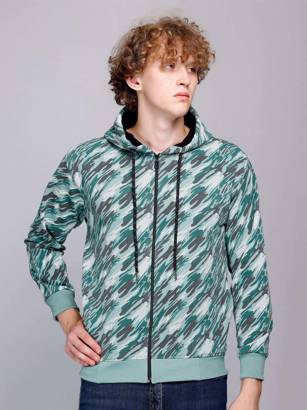 

FCKPLUS Men Abstract Printed Hooded Sweatshirt, Green