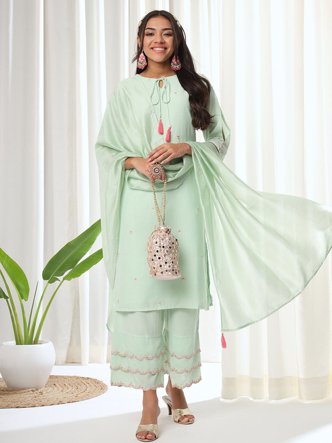 

HEEPOSH Floral Embroidered Tie-Up Neck Kurta With Palazzos & Dupatta, Green