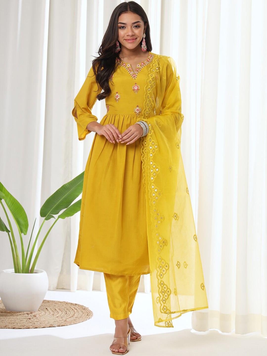 

HEEPOSH Paisley Embroidered Pleated A-Line Kurta With Trousers & Dupatta, Mustard