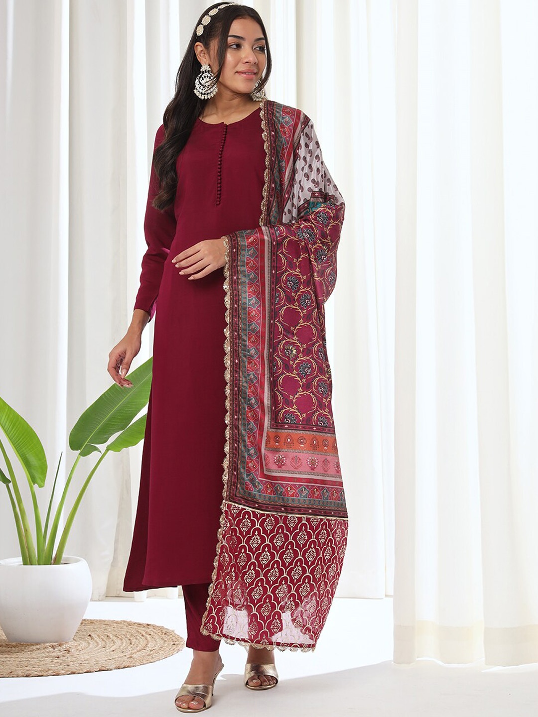 

HEEPOSH A-Line Kurta & Trousers With Dupatta, Burgundy