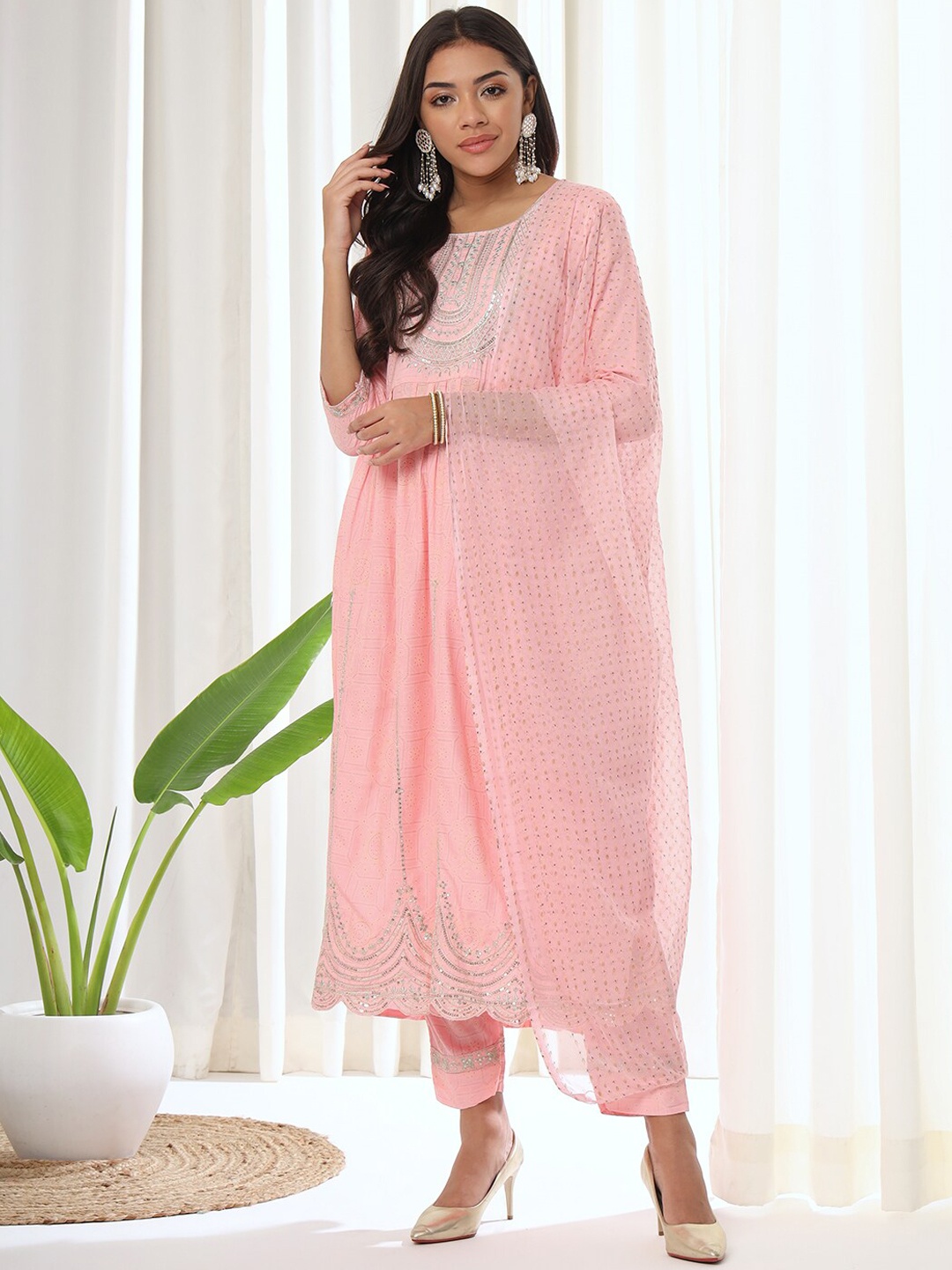 

HEEPOSH Ethnic Motifs Embroidered Sequinned A Line Kurta With Trousers & Dupatta, Pink