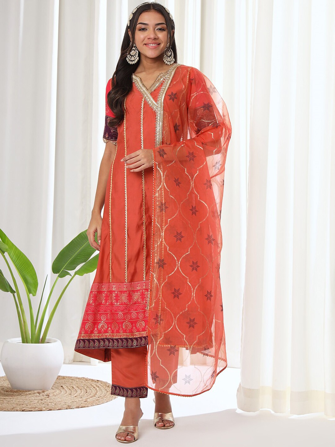 

HEEPOSH Gotta Patti Angrakha Kurta & Trousers With Dupatta, Rust