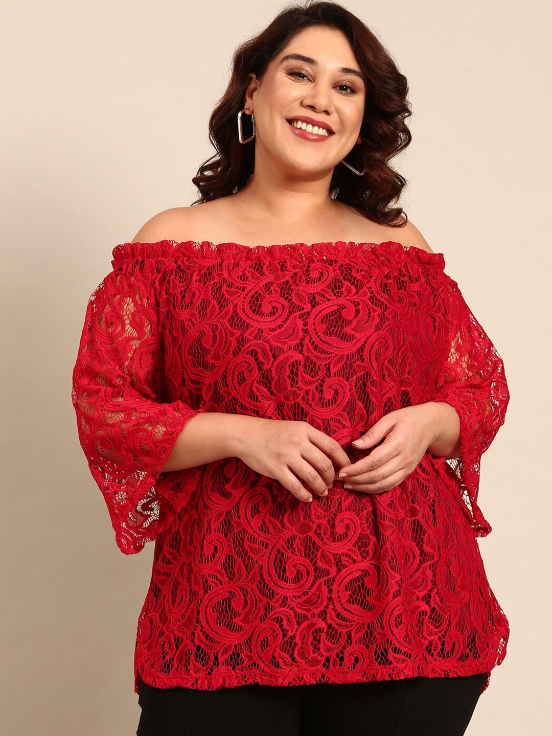 

The Pink Moon Plus Size Floral Print Off-Shoulder Lace Bardot Top, Red