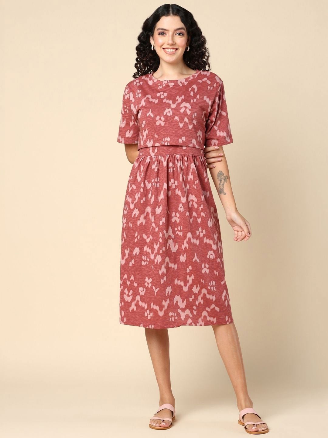 

House Of Zelena Abstract Printed Maternity Cotton A-Line Midi Dress, Brown