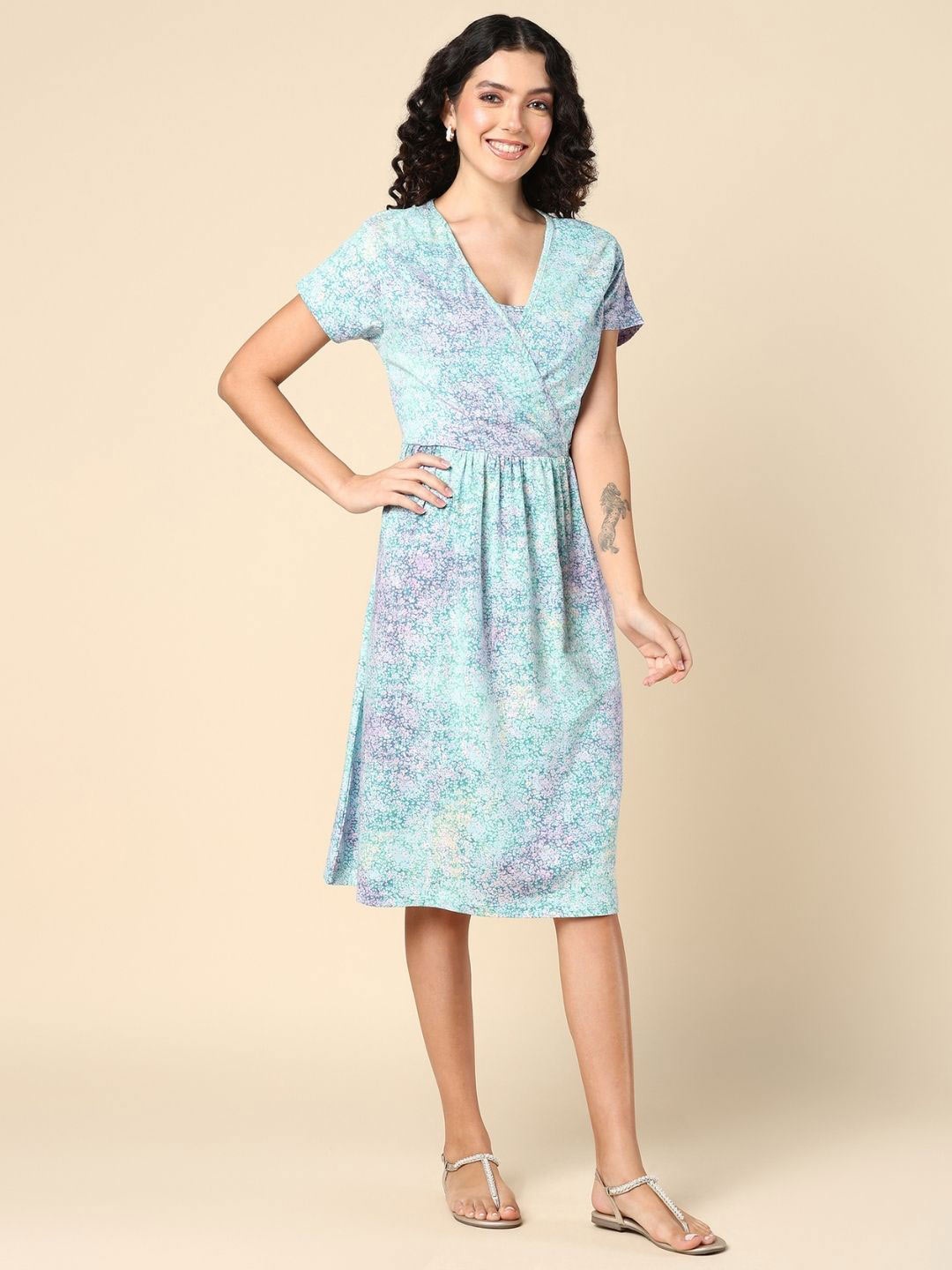 

House Of Zelena Floral Printed Maternity Cotton A-Line Dress, Blue