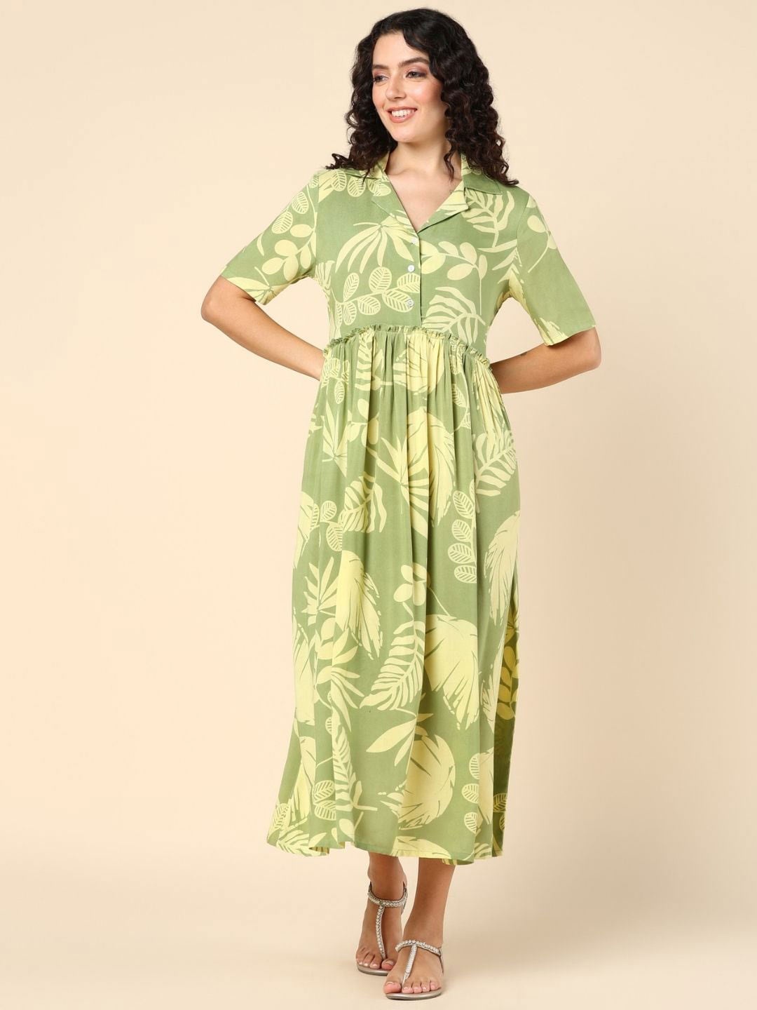 

House Of Zelena Floral Printed Maternity Cotton A-Line Midi Dress, Green