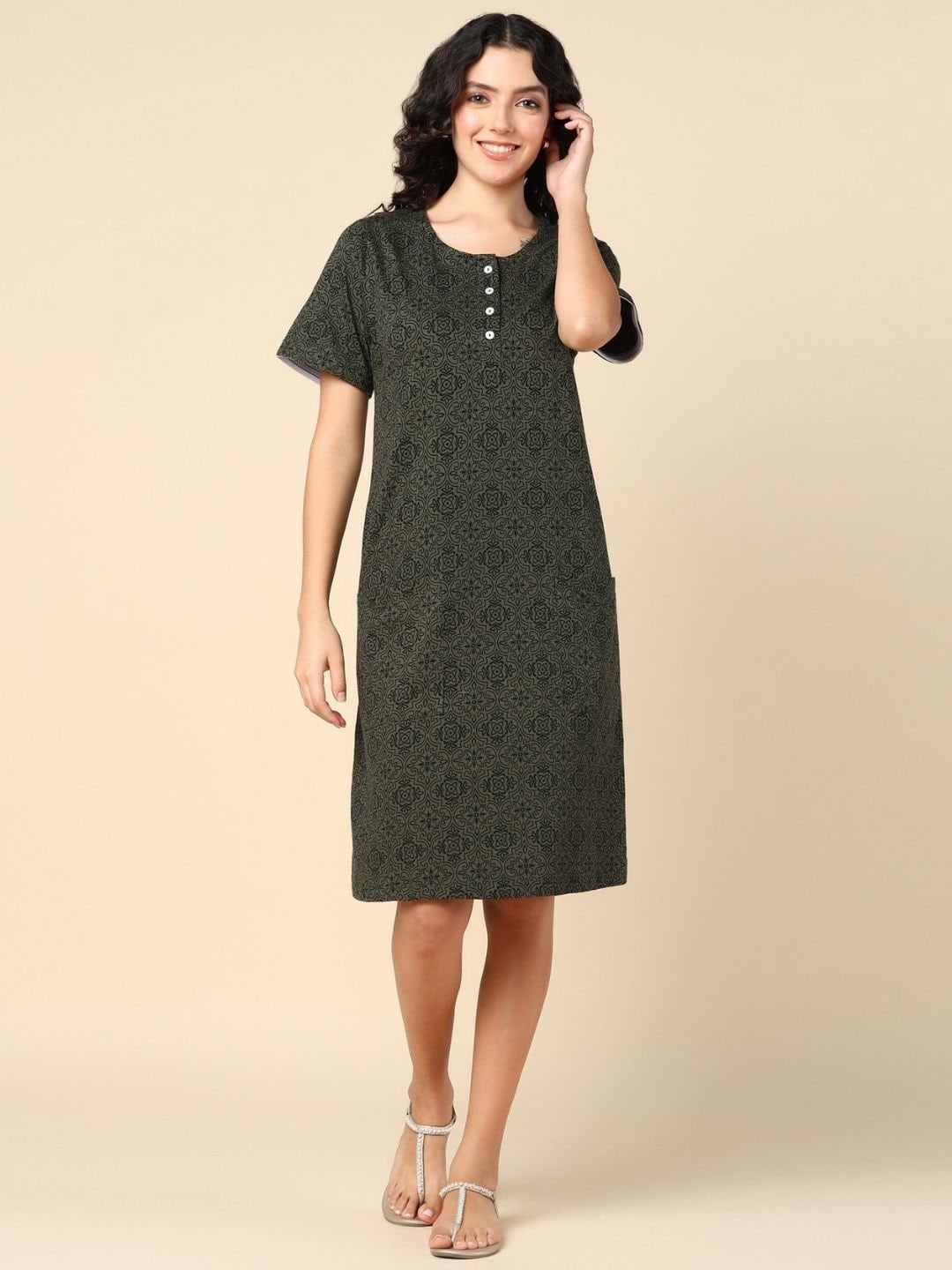 

House Of Zelena Ethnic Motifs Printed Maternity Cotton A-Line Dress, Green