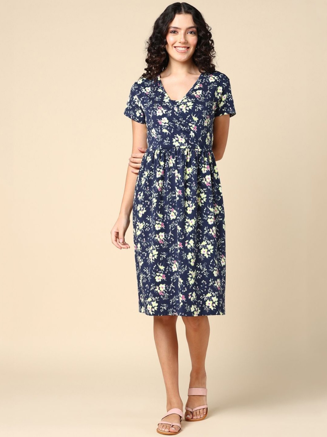 

House Of Zelena Floral Printed Pure Cotton Maternity A-Line Dress, Navy blue