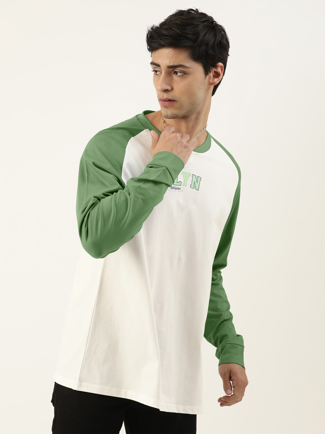 

Maniac Typography Printed Round Neck Raglan Sleeves Oversized T-shirt, Green