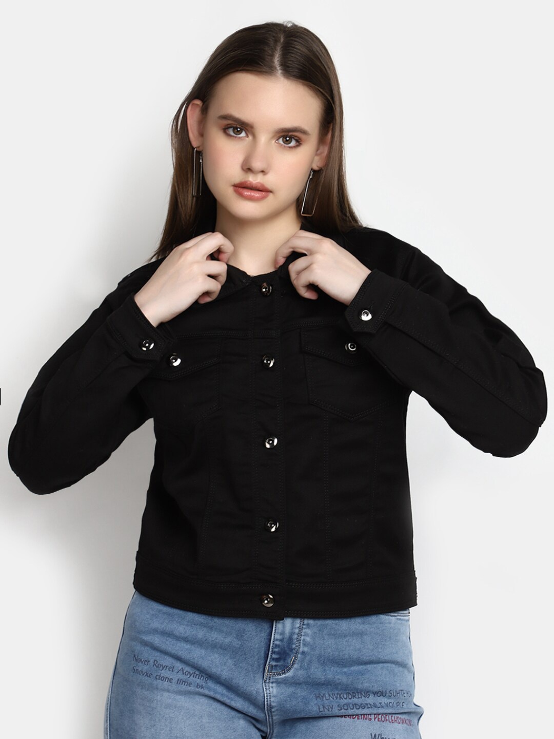 

V-Mart Shirt Collar Cotton Denim Jacket, Black