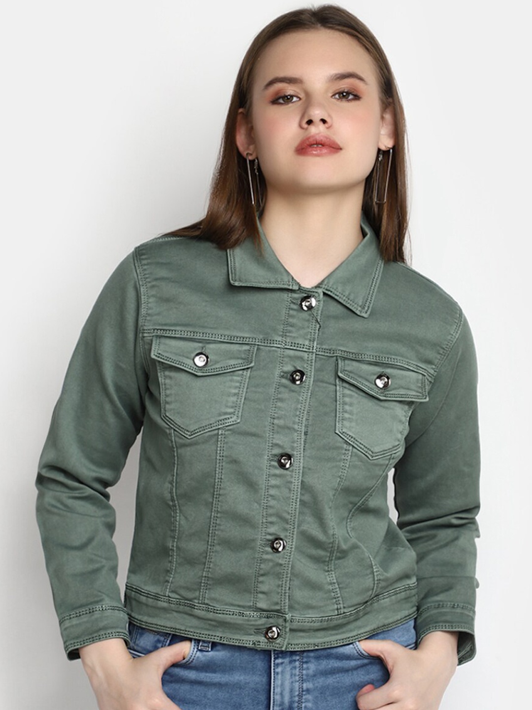 

V-Mart Washed Cotton Denim Jacket, Green