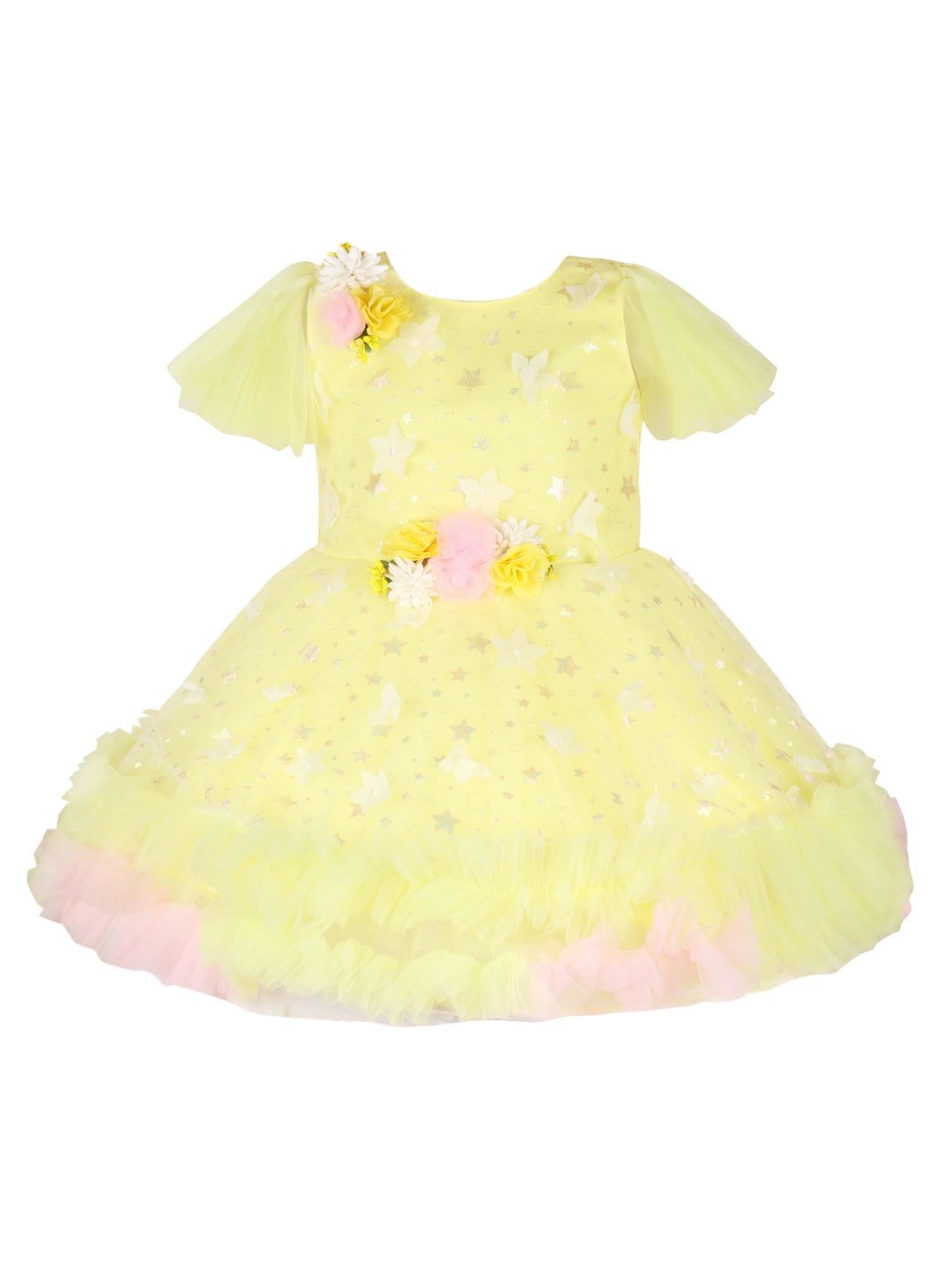 

Wish Karo Girls Floral Embellished Flared Sleeve Net Fit & Flare Dress, Yellow