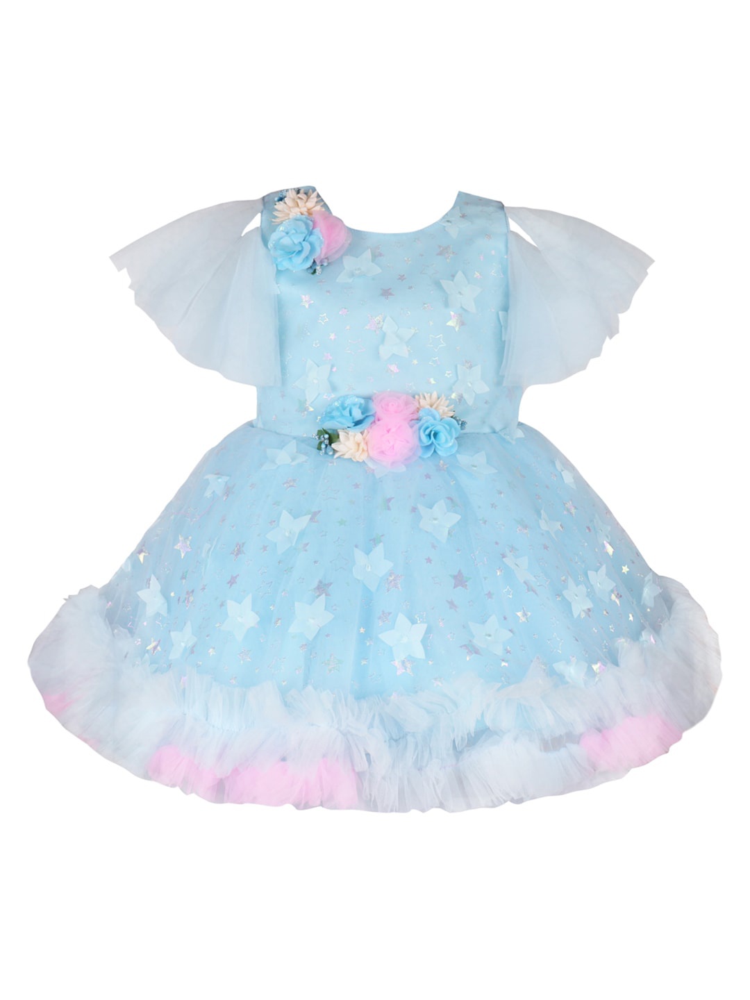 

Wish Karo Ruffled Flared Sleeve Net Fit & Flare Dress, Blue