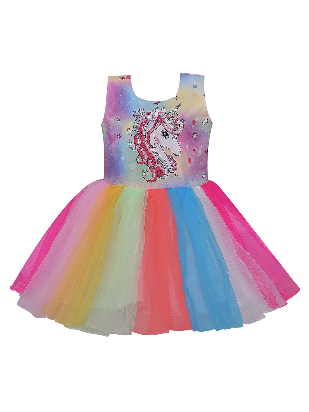 

Wish Karo Girls Graphic Printed Net Fit & Flare Dress, Blue