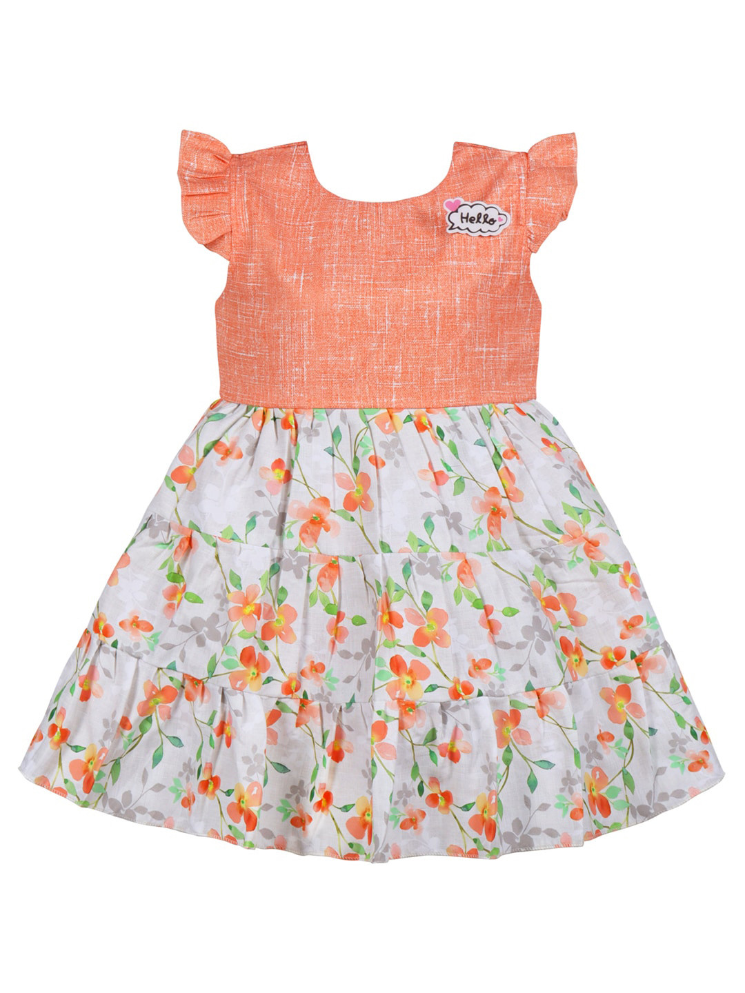 

Wish Karo Girls Floral Printed Flutter Sleeves Silk Fit & Flare Dress, Orange