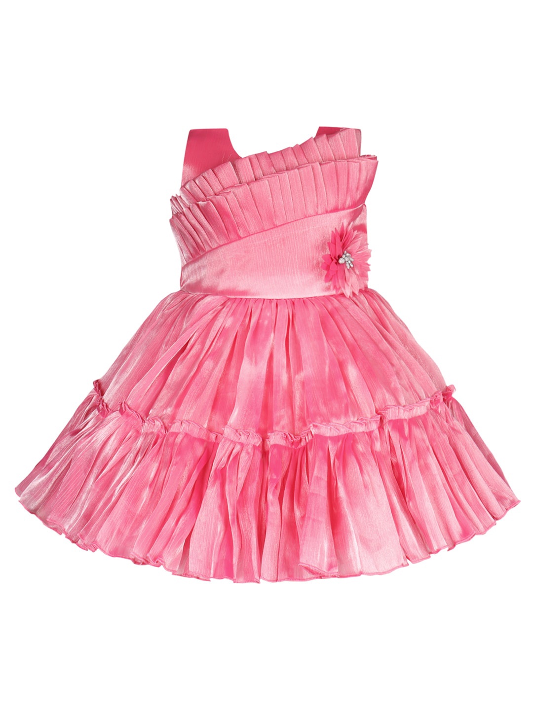 

Wish Karo Girls Round Neck Ruffled Silk Fit & Flare Dress, Pink