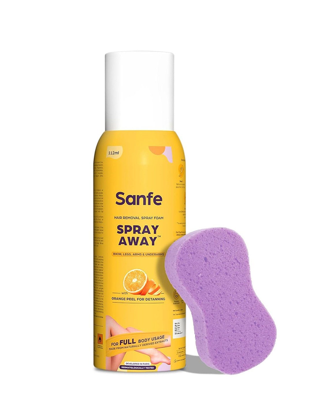 

Sanfe Spray Away Painless & Detan Hair Removal Spray Foam with Orange Peel - 112 ml, Yellow
